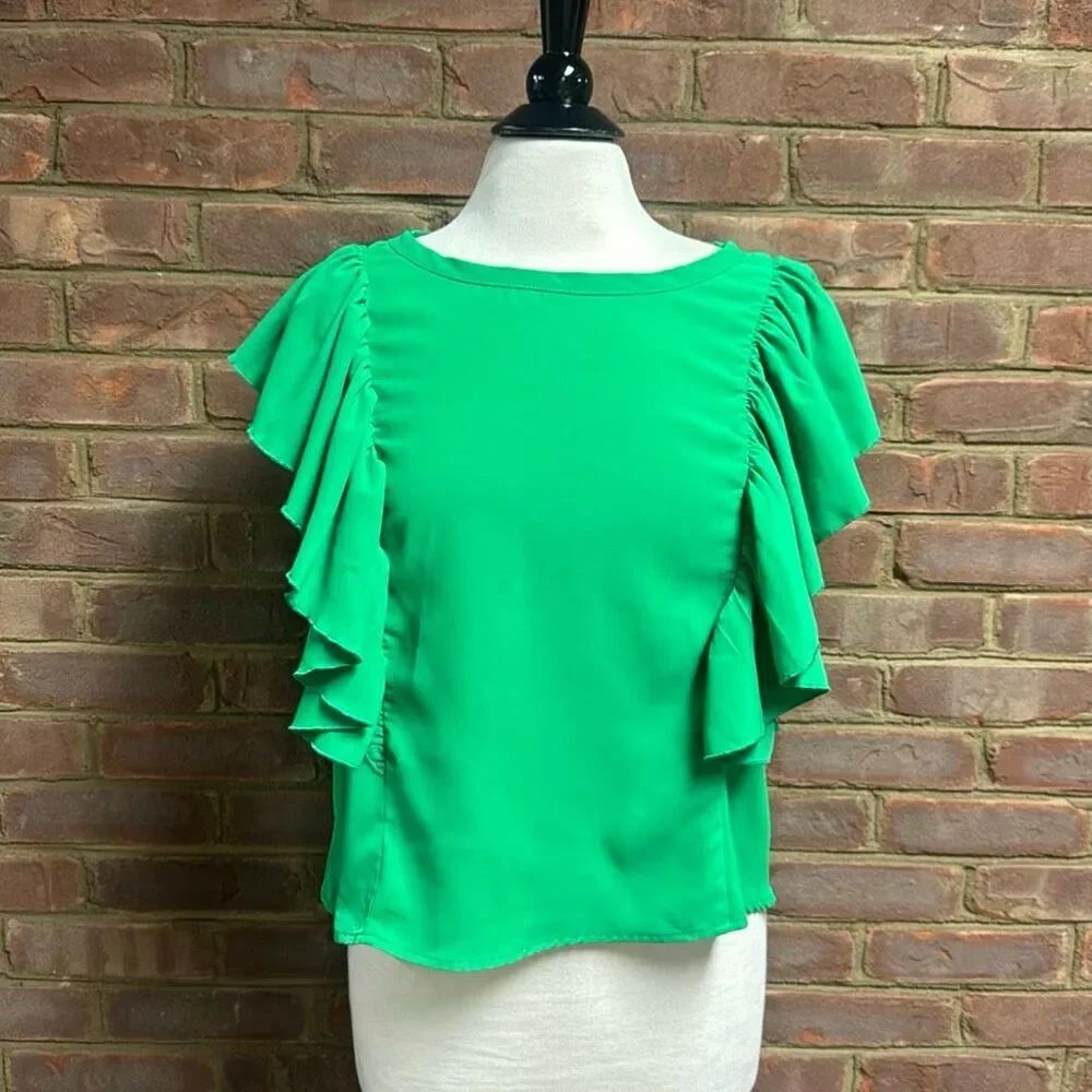 Molly Bracken Women’s Green Ruffle Aleeve Top Sz Small